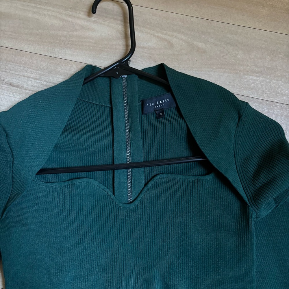 Ted Baker Forest Green Long Sleeve Dress sweetheart size 0 XS / S ribbed midi - Picture 9 of 10